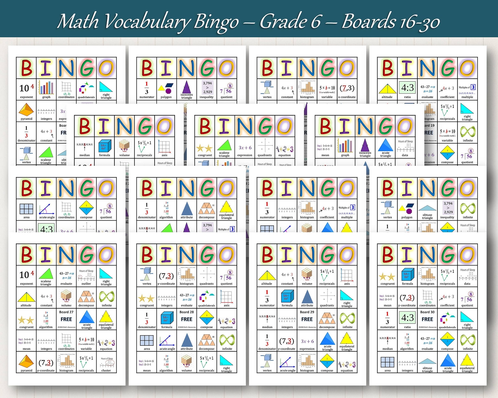6th Grade Math Vocabulary Bingo Game - 30 Boards, Adjustable Difficulty ...