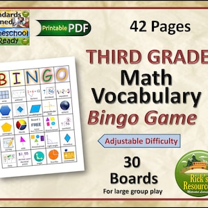 3rd Grade Math Vocabulary Bingo Game - 30 Boards, Adjustable Difficulty, Printable PDF | Perfect for Exam Prep and Group Activities