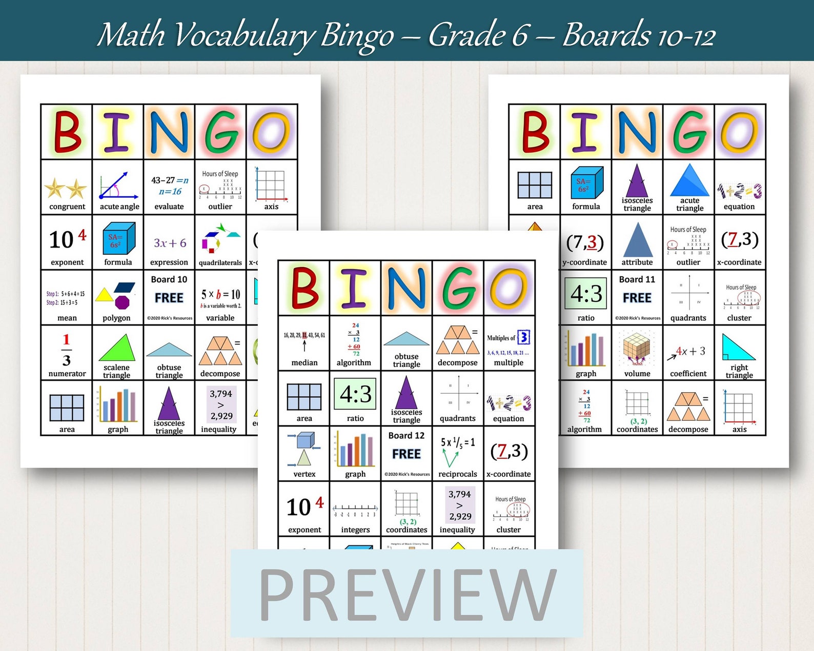 6th Grade Math Vocabulary Bingo Game - 30 Boards, Adjustable Difficulty ...