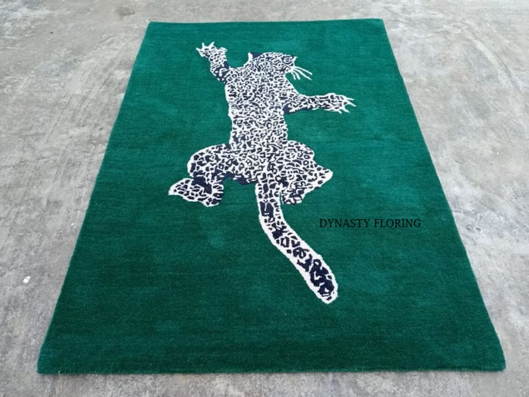 Leopard Area Rug, Animal Print Rug, Green Area Rug Carpet, Hand Tufted