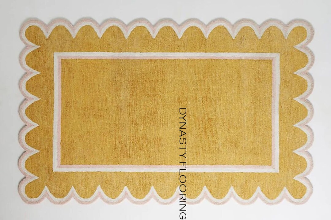 Scallop Tufted Yellow White Wool Rug for Any Room Living Etsy