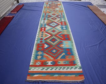 15 ft Long Runner Rug- 100x465 cm Afghan Handwoven Kilim Natural veg dyes Wool Runner Rug- Turkmen Flatweave Hallway Rug- Hallway Rug Runner