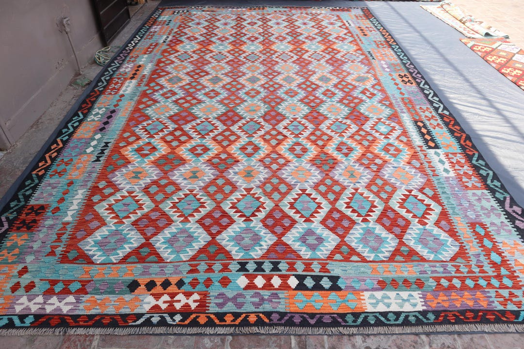 Large Afghan Kilim Rug 10x16 Colorful Handmade Wool Flatweave Rug ...
