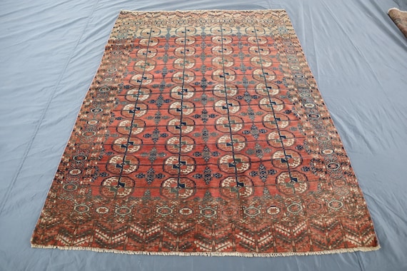 1920s Antique Muted Terracotta Rug 4'6x6'3 ft Turkmen Vintage