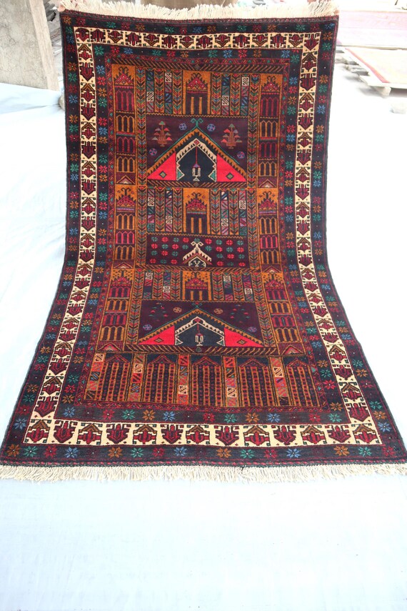3'7x6'0 Ft Afghan Antique Tribal Baluch Rug, Handmade Wool Beige