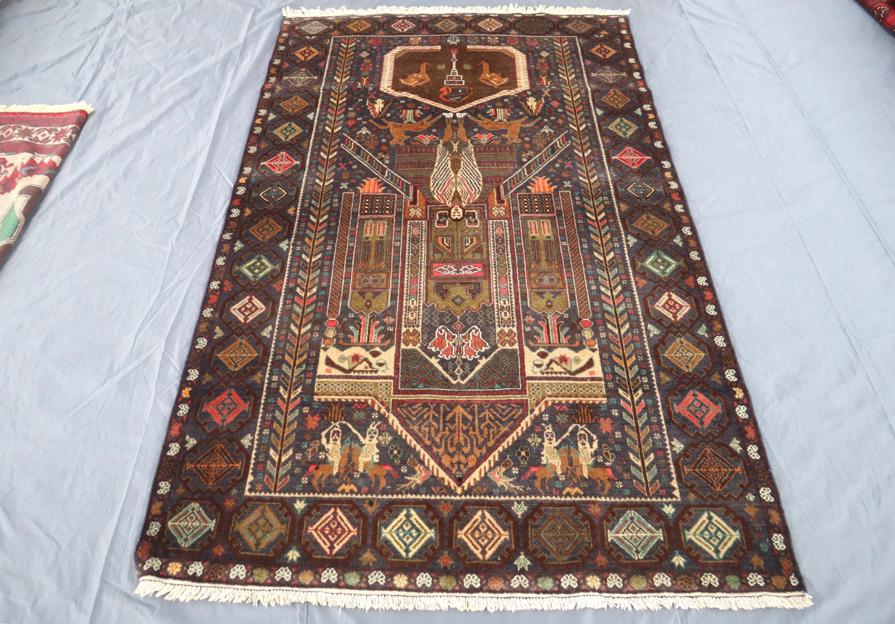 1970年代のアンティーク絵画ラグ 4x6 アフガニスタンの伝統的な