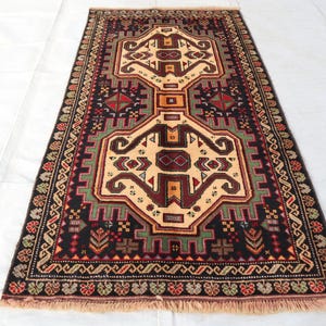 Beige Black Antique Balochi Rug 3x5 ft- Afghan Oriental Vintage Rug- Tribal Turkoman Handmade Rug- Antique Boho Area Rug- Kids Room Wool Rug