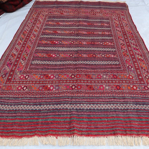 6x10 ft Afghan Vintage Handmade Kilim Rug, Turkman Flatweave Wool Striped Rug, Tribal Antique Soumak Rug, Oriental Rug, Bedroom, Kitchen Rug