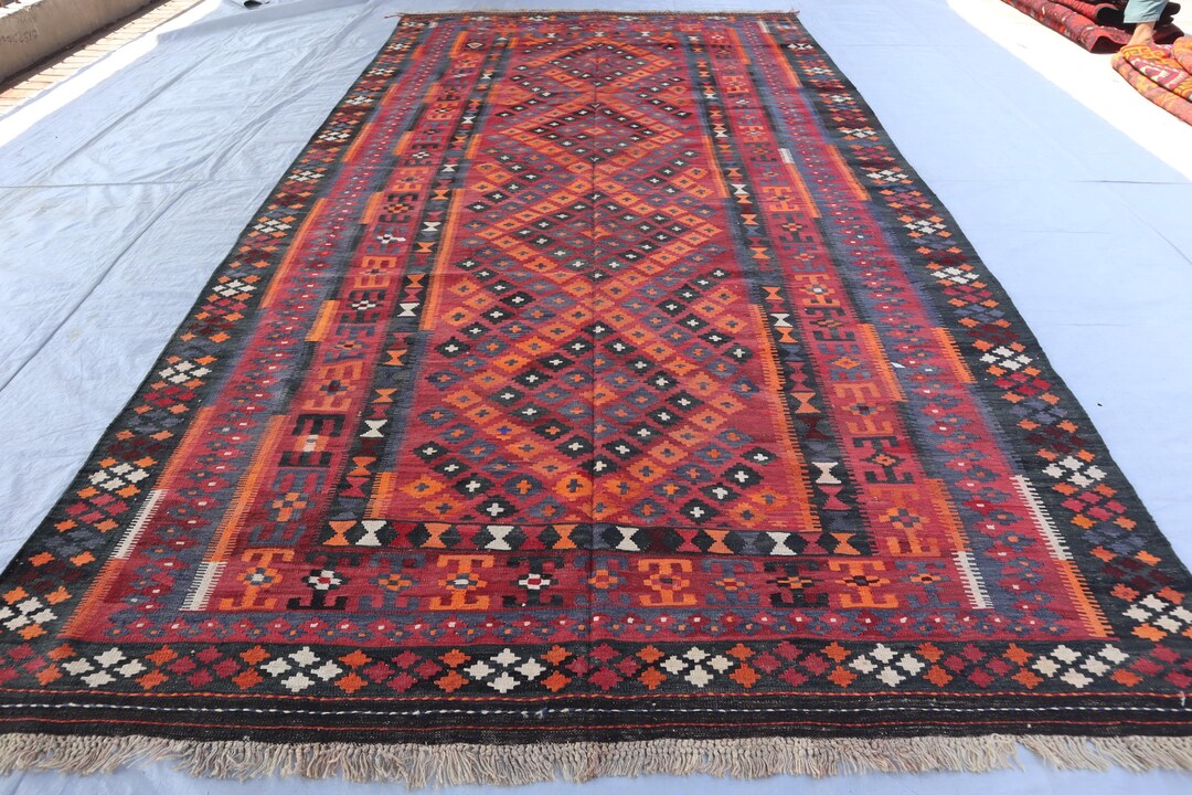 7'6x15'0 ft ヴィンテージキリムラグ、バーガンディオレンジアフガン