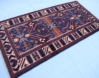 Alfombra pictórica única de 3&#39;4 x 6&#39;7 pies, alfombra de lana teñida vegetal anudada a mano en azul marino, alfombra para niños con diseño geométrico, alfombras de cocina para decoración de dormitorio