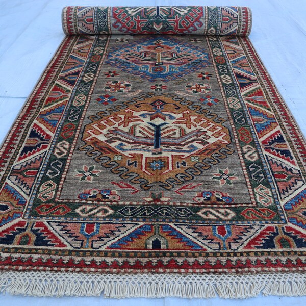 Collectors Piece Runner Rug 3x9 ft, Turkish Style Geometric Kazak Runner Rug, Turkmen Gray Handmade Wool Hallway Runner, Afghan Oriental Rug
