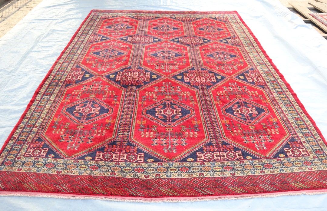 Antique Kazak Rug 9'10x12'6 Ft, Red Blue Geometric Hand Knotted Veg