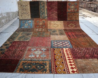 1960s Antique Patchwork Rug 10x13 ft Afghan Hand Knotted Rug, Soft Pile Faded Muted Colors Pale Rug, Geometric Bukhara Rug, Living Room Rug