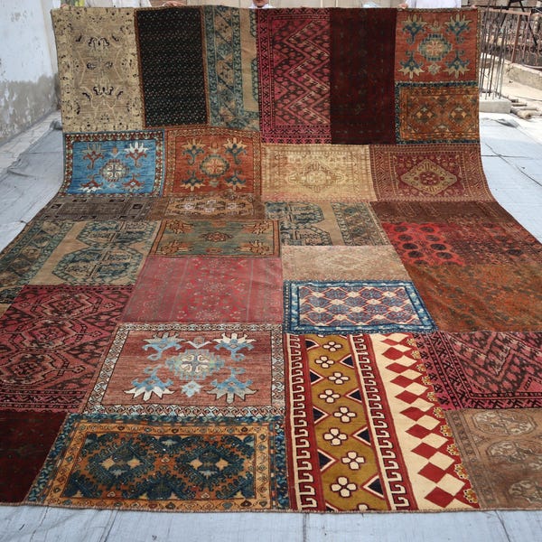 Jaren 60 antiek patchwork tapijt 10 x 13 ft Afghaans handgeknoopt tapijt, zacht pool, vervaagde gedempte kleuren bleek tapijt, geometrisch bukharatapijt, vloerkleed woonkamer