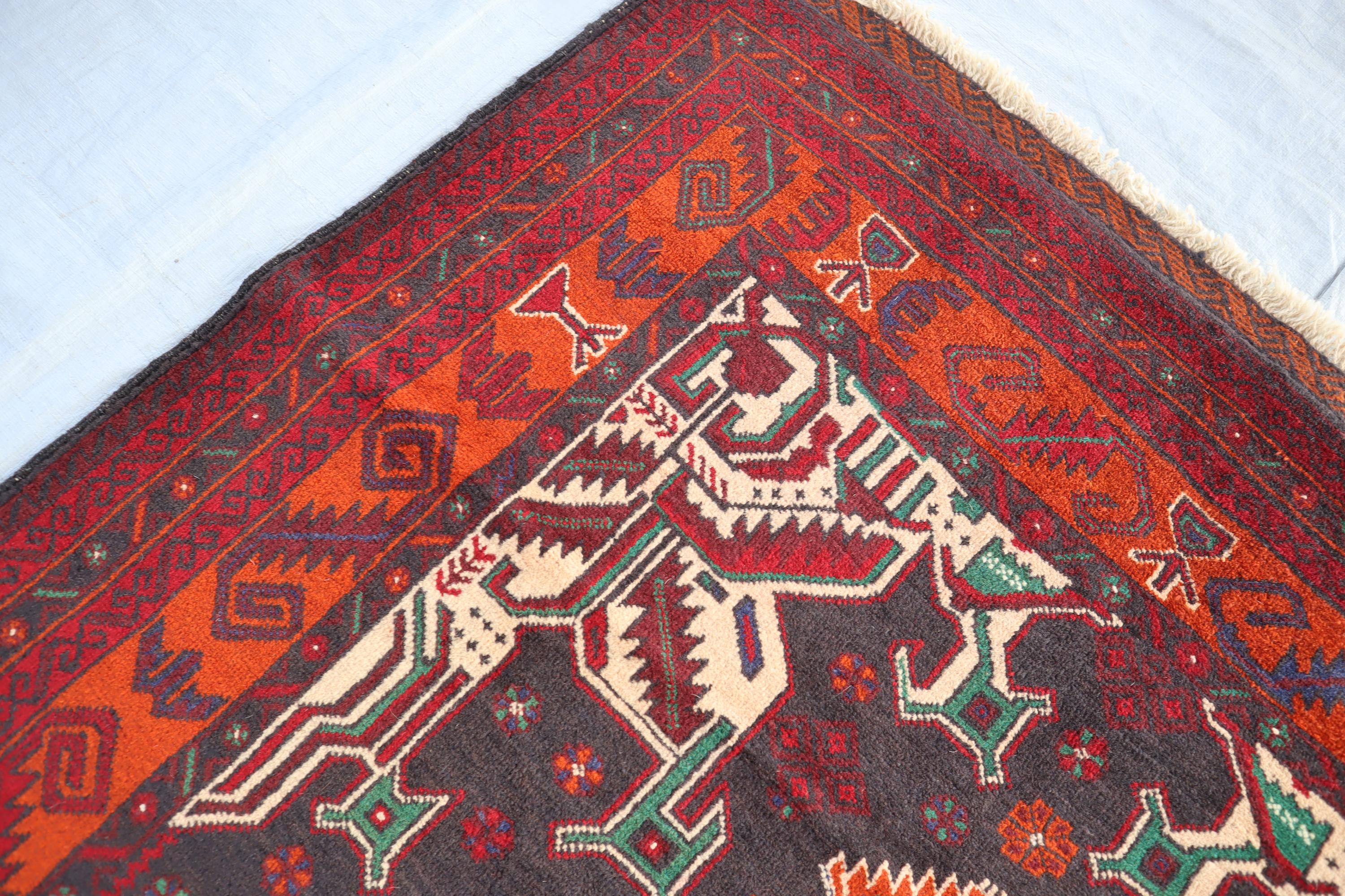 4'5x7'0 Ft Afghan Red Gray Vintage Turkmen Handmade Wool Area Rug