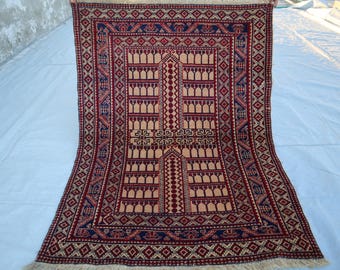 3'8x5'0 ft Vintage Turkmen Nomadic Parda Rug / Beige Red Afghan
