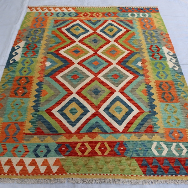 5'2x6'3 ft Afghan Kilim Area Rug / Rug for Bedroom / Kitchen Office Rug / Geometric design Flatweave Handmade Wool Modern Maimana Kilim Rug