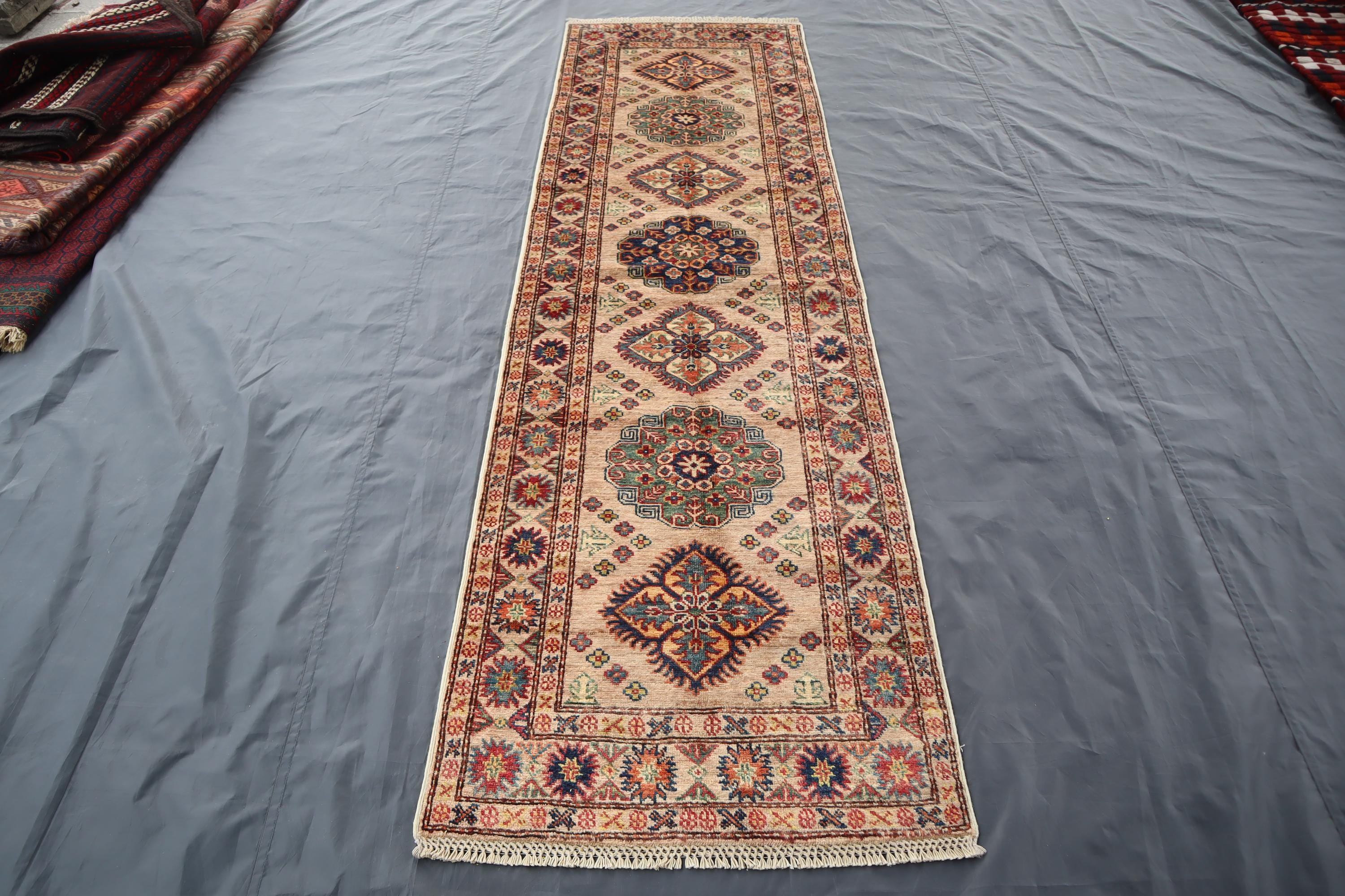 2'5x8'6 ft Beige Runner rug, Kazak Caucasian Afghan Hand Knotted Natural Veg Dye Wool Runner Rug, Geometric Oriental Rug, Hallway Runner Rug