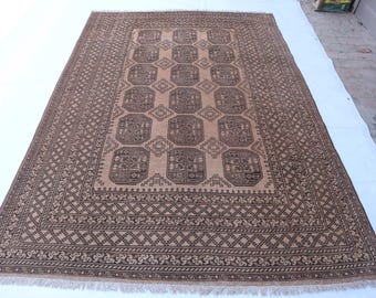 1960s Antique Turkmen Saruqi Rug 6'7x9'5 ft, Terracotta Afghan Handmade Beige Vintage Rug, Bedroom Rug, Turkmen Tribal Rug, Living Room Rug