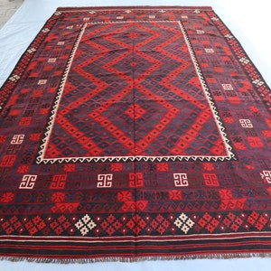 9x15 Ft Vintage Handwoven Rug- Bohemian Red Carpet- Fine Afghan Handmade Wool Rug- Turkman Tribal Area Rug- Vintage Flatweave Reversible Rug