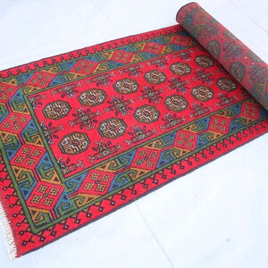 2&#39;8x9&#39;5 ft Pinkish Red Runner rug- Antique Turkmen Bukhara Runner Rug- Afghan Handmade Wool Vintage Rug- Hallway Runner- Kitchen Runner 3x10