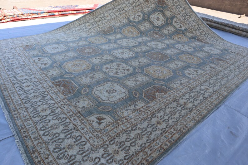 Soft Gray Beige 9x12 Area Rug Afghan Hand Knotted Vegi Dyes Wool Rug