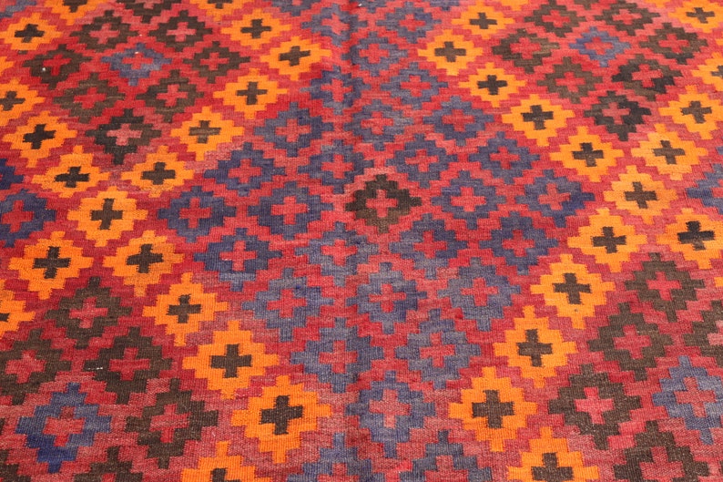 15x10 Large Afghan Kilim Area Rug/ Orange Gray Blue High Quality Rug/ Veg Dye Wool Palace Size