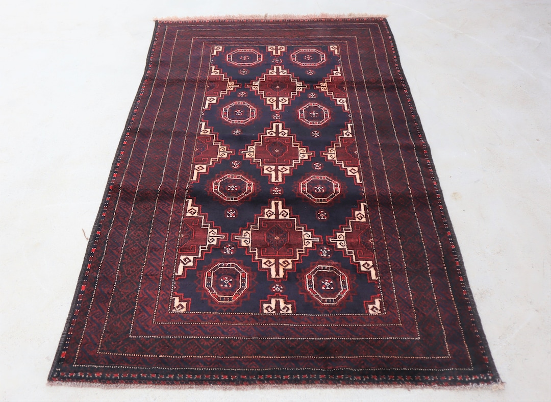 6x4 Faded Vintage Baloch Rug, One of a Kind Geometric Pattern Moroccan ...