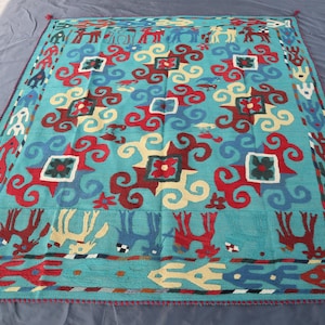Turquoise Pictorial Suzani 5.1x5.8 Ft Antique Bohemian Style Hand Embroidered Wall Décor Rug, Gift For Her- Aesthetic Kilim Rug- Home Décor