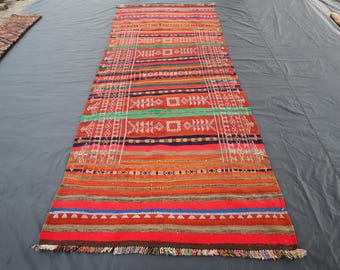 1960s Antique Kilim Rug 4'0x10'6 ft Large Runner Rug, Flatweave Tribal Kilim Boho Rug, Afghan Handmade Wide Entryway Rug, Striped design Rug