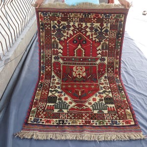 3'6x5'5 Ft Red Beige Vintage Baloch Flower Pot Design Rug / Afghan Oriental Handmade Rug / Bukhara Traditional Rug / Kids Rug / Entryway Rug