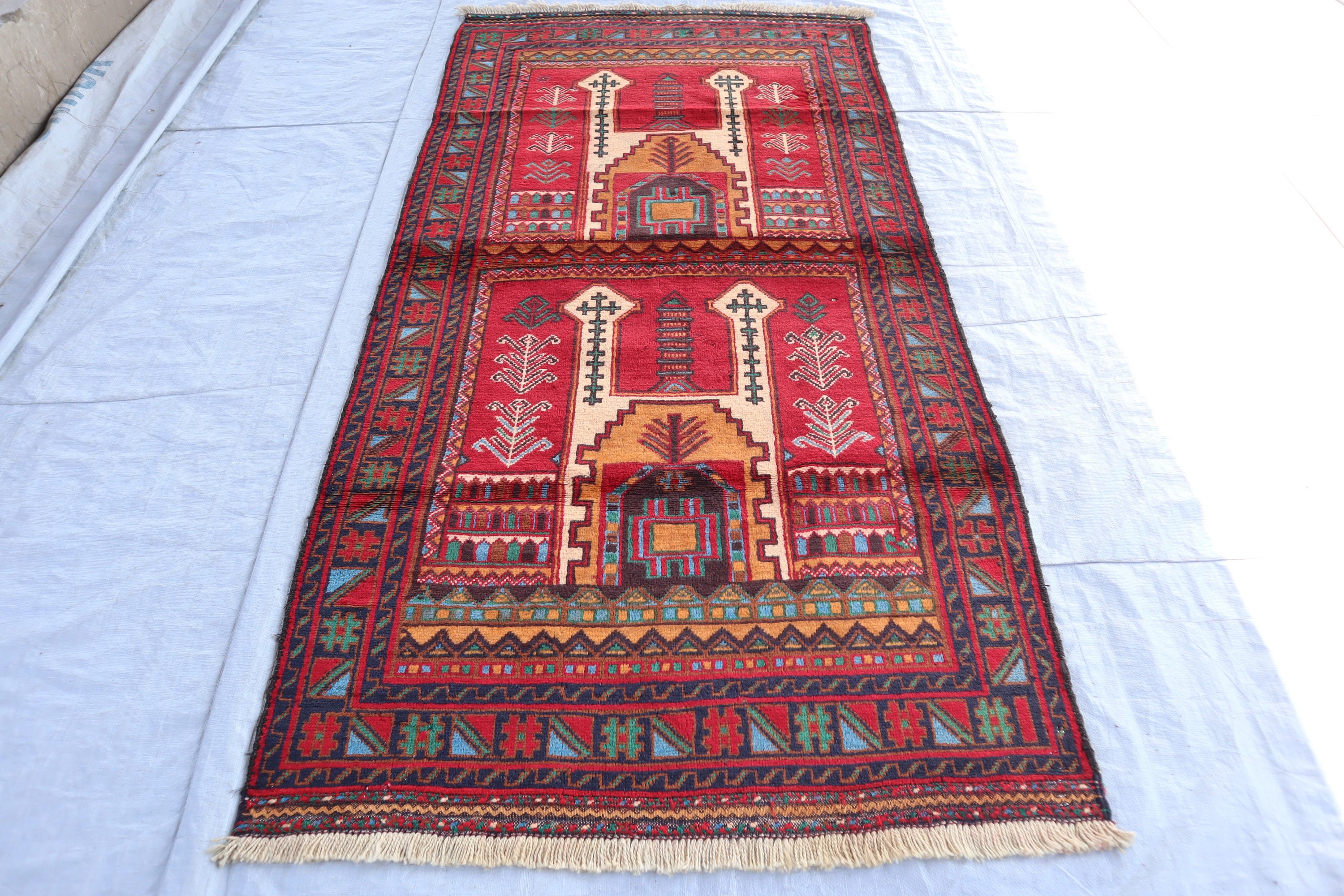 アフガニスタンヴィンテージラグ 3'5x7'0 ft レッドベージュ