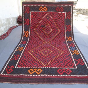 Large Vintage Kilim Area Rug 6&#39;7x11&#39;7 ft, Maroon Red Orange Afghan Tribal Geometric Ghalmori Kilim Rug, Natural dyes Wool, Living room Rugs