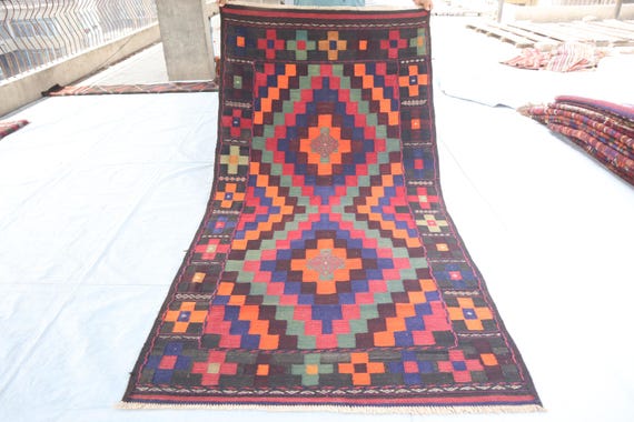 Afghan Kilim Rug 4x8: Pink Gray Geometric Wool Rug