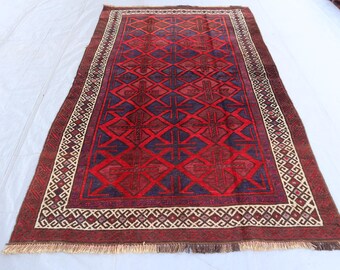 Antique Caucasian Design Rug 5'3x8'6 ft Afghan Handmade Rug, Navy Blue Red Vintage Oriental Rug, Geometric Rug, Living Room Rug, Bedroom Rug