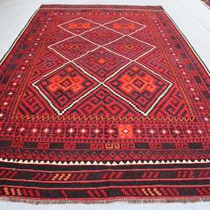 8&#39;5x13&#39;5 ft Large Handmade Vintage Area Rug- Authentic Afghan Kilim Wool Rug - Geometric Flatweave Rug -Turkmen Tribal Rug - Living Room Rug