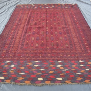 Vintage Soumak Kilim Rug 7x9 Handmade Wool Rug, Turkmen Tribal Geometric Rug, Flatweave Rug, Oriental Vintage Rug, Bedroom, Dining Table Rug