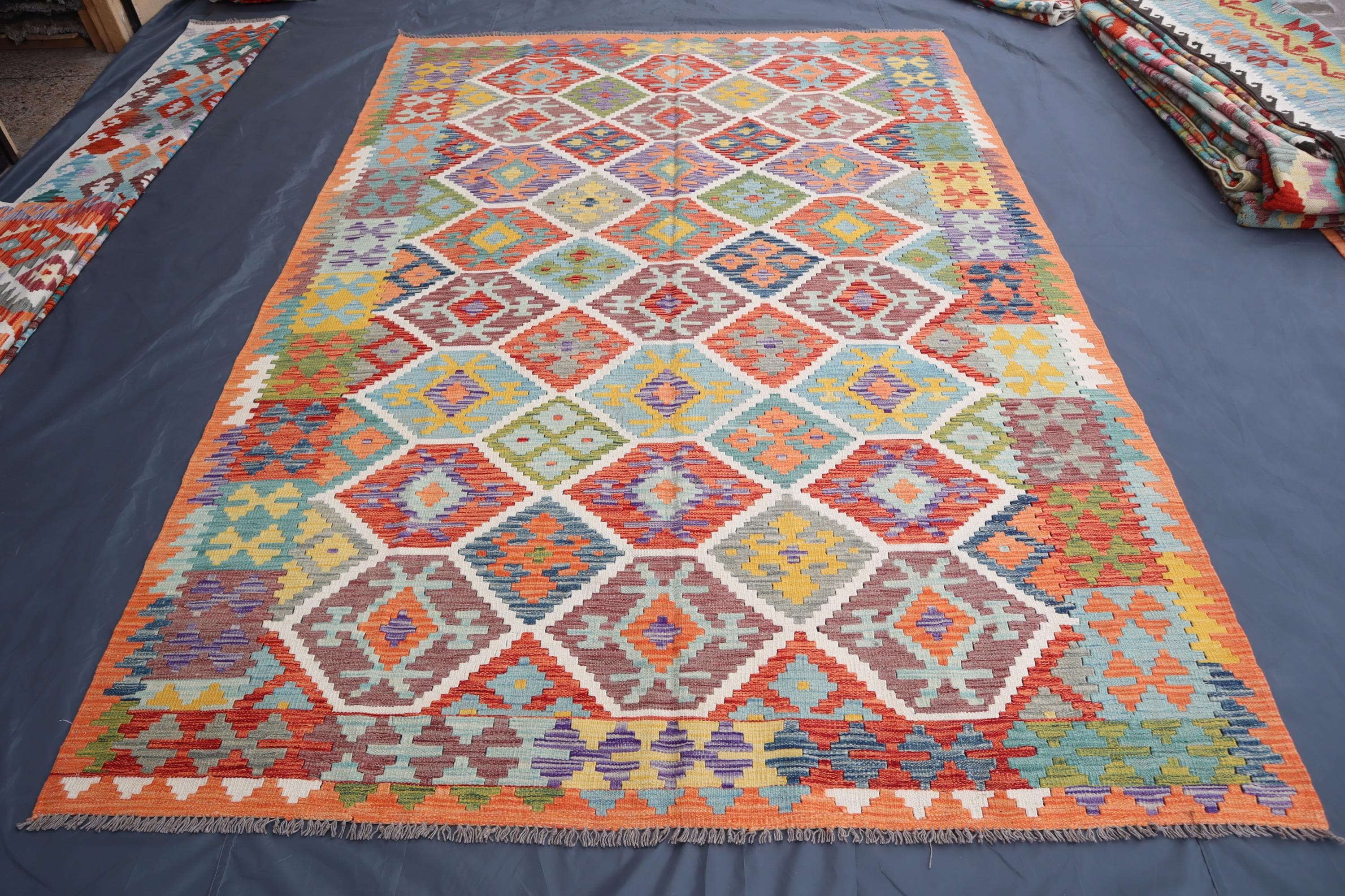 7x10 Large Kilim Area Rug - Multi Color Authentic Handmade Wool