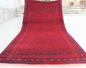 3.4x6.4 Ft Maroon Red Baloch Rug, Abstract Area Rug, Afghan Handmade Rug, Bokhara Oriental Rug, Rug For Kitchen, Area Rugs, Living Room Rug