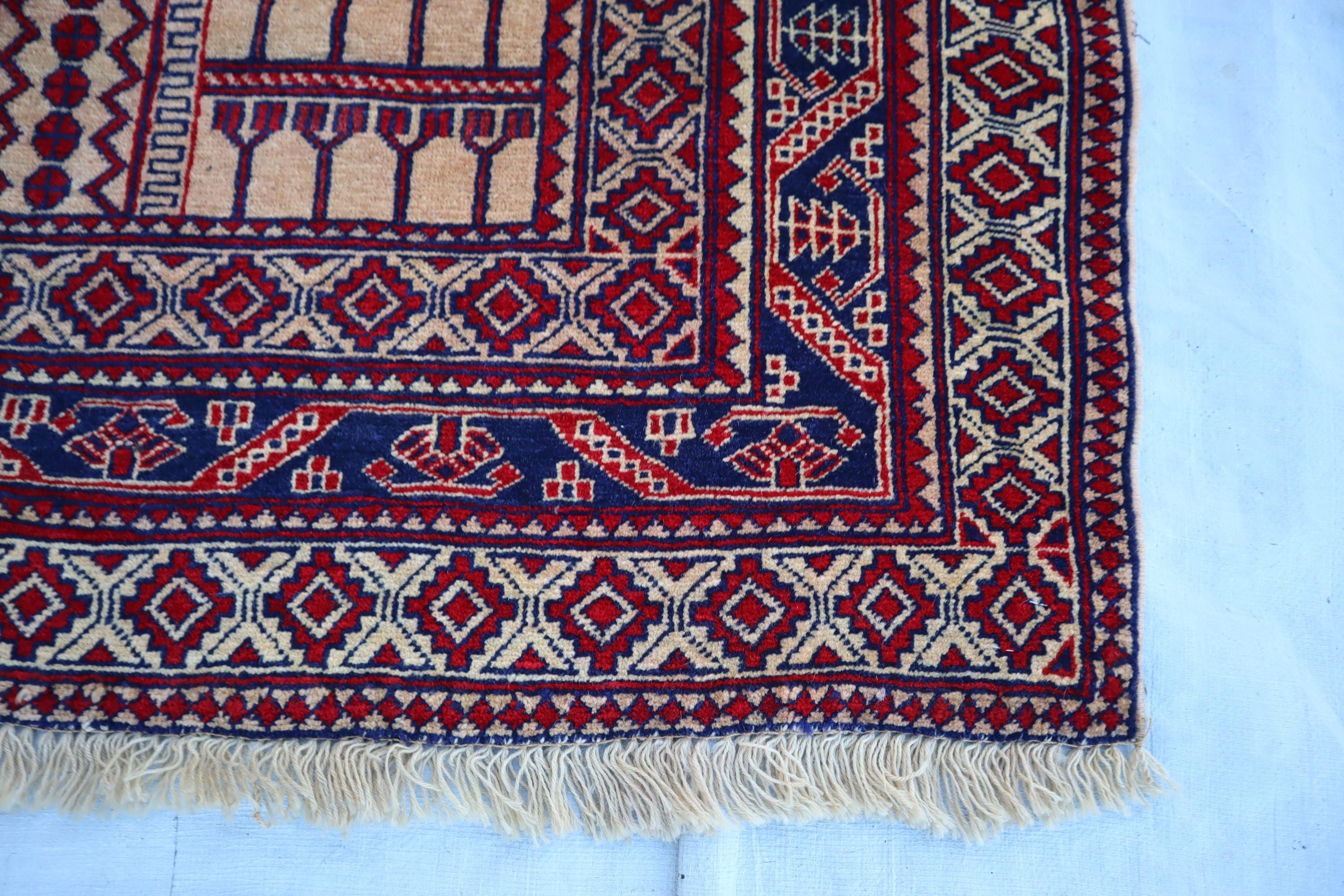 3'8x5'0 ft Vintage Turkmen Nomadic Parda Rug / Beige Red Afghan