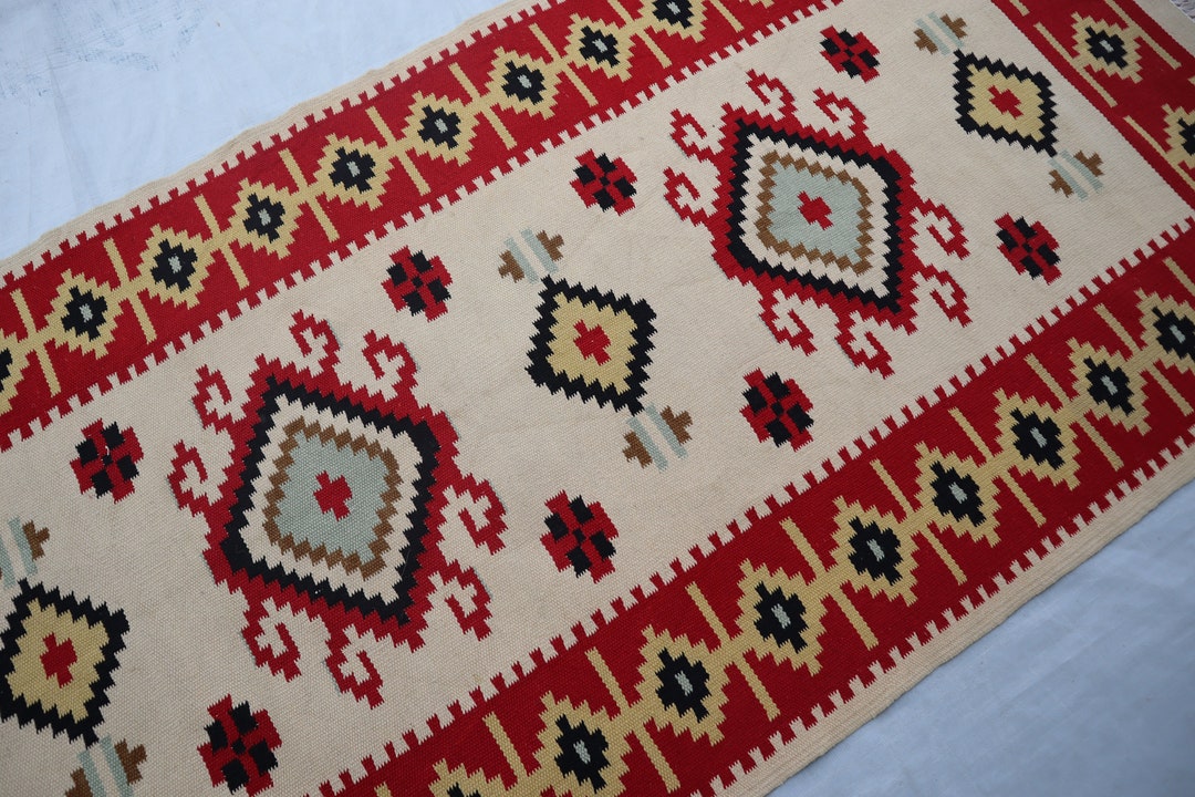 2.9x5.8 Turkish Flatweave Reversible Rug Ivory Red Area Rug Fine