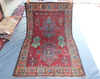Collectors Piece rug- 4x6 Ft Red Antique Faded Kazakh Rug- Vintage Area Rug- Afghan Hand Made Organic Wool Rug- Kitchen Office Entryway Rug