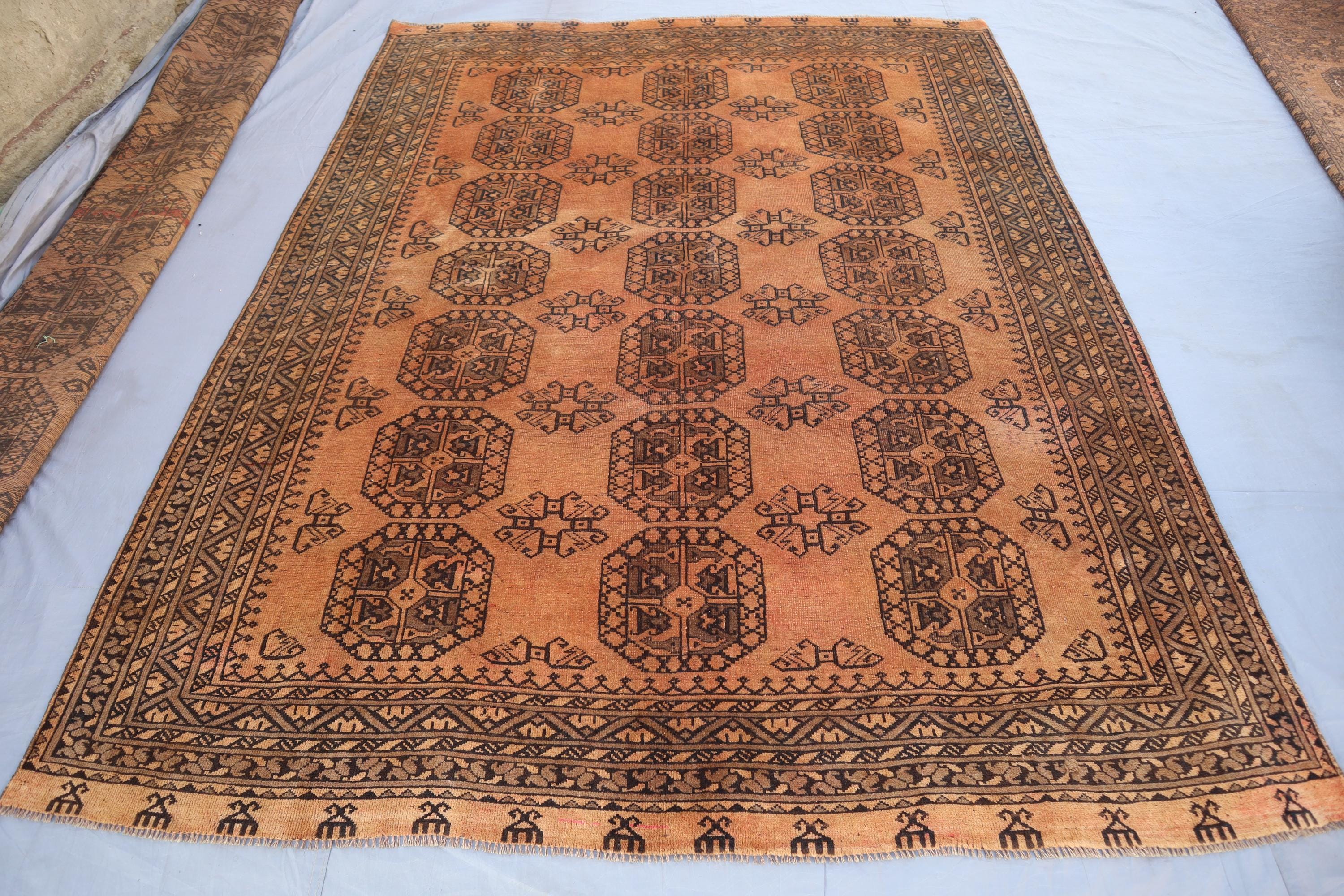 1970s Antique Turkmen Bokhara Rug 6'10x9'3 Ft Terracotta Vintage