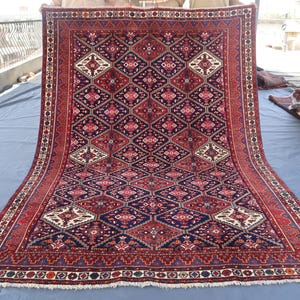 Vintage Bidjar Rug 5&#39;8x7&#39;10 ft Large Afghan Hand-made Nomadic Art Bakhtiari Rug- ark Blue Red Caucasian Kazak Rug- Living Room Office Carpet