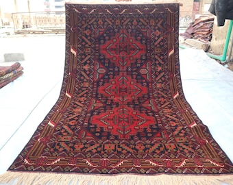 幾何学模様の手織りウールラグ 手織りウールラグ：グレー＆ネイビーブルーの幾何学模様の平織り