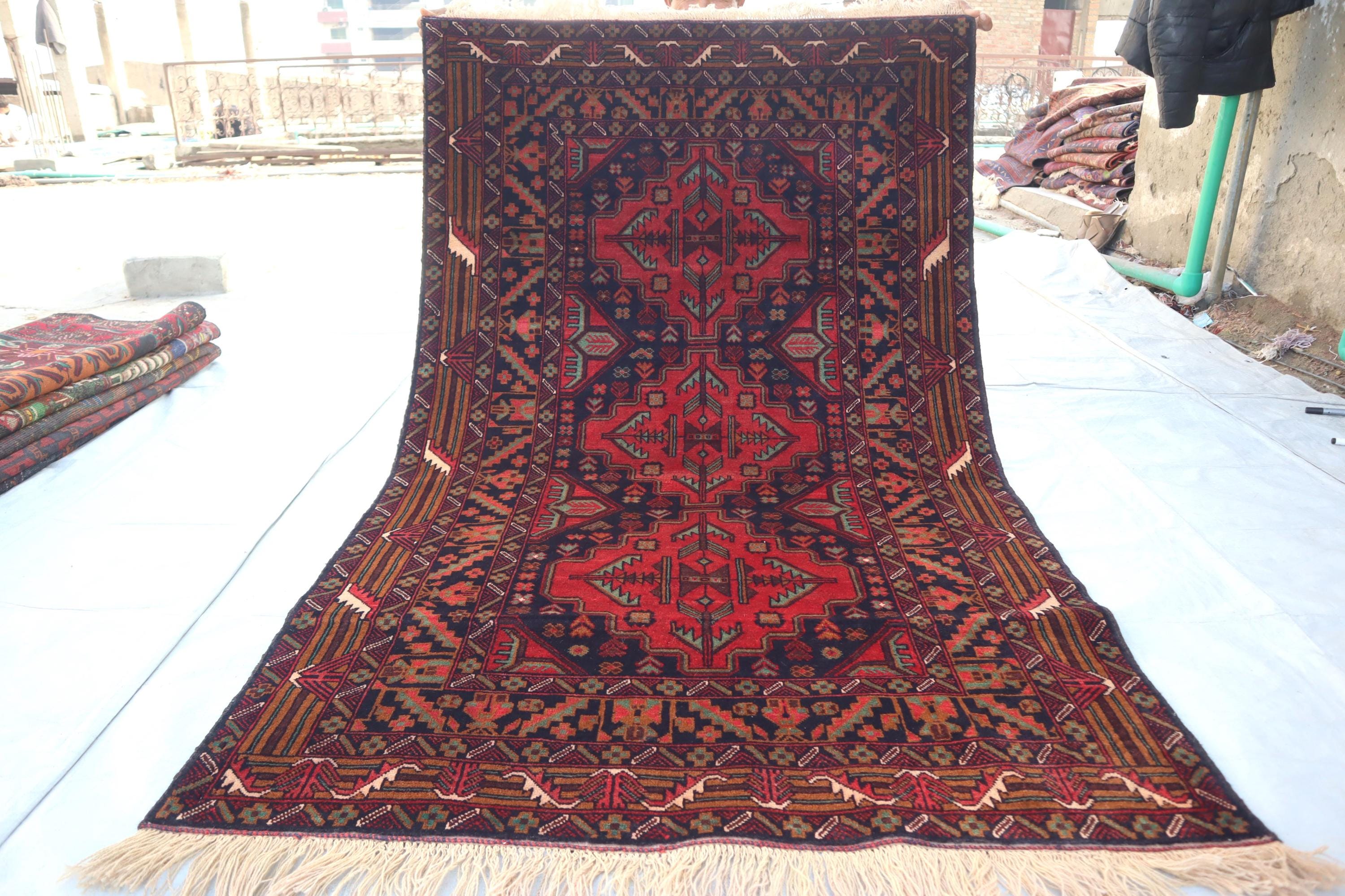 ヴィンテージ幾何学模様ラグ 4x6'5フィート、アフガニスタン手織り