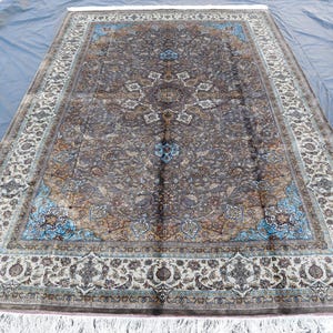 Authentic 100% Silk Rug 7x10 Gray beige Turquoise Handmade Top Quality Silk Area Rug, Chinese Silk Rug, Afghan One Of a Kind Living Room Rug