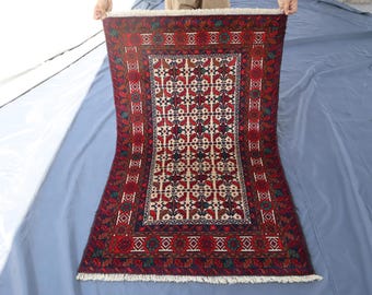 3'8x5'0 ft Vintage Turkmen Nomadic Parda Rug / Beige Red Afghan