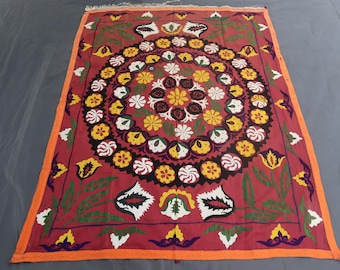 1970s Antique Silk Suzani Textile 4'8x6'0 Ft Large Needle Work Sozani Bed Throw- Vintage Handmade Bed Spread- Living Room Décor- Home Décor