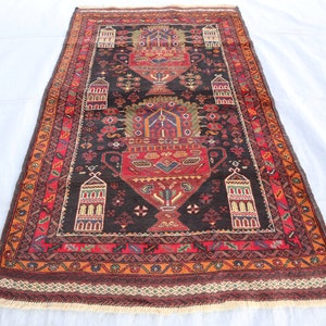 4x7 Vintage Flower Pot Design Pictorial Antique Rug/ Afghan Handmade High Pile Soft Baluch Rug/ Oriental Rug/ Living Room Bedroom Office Rug